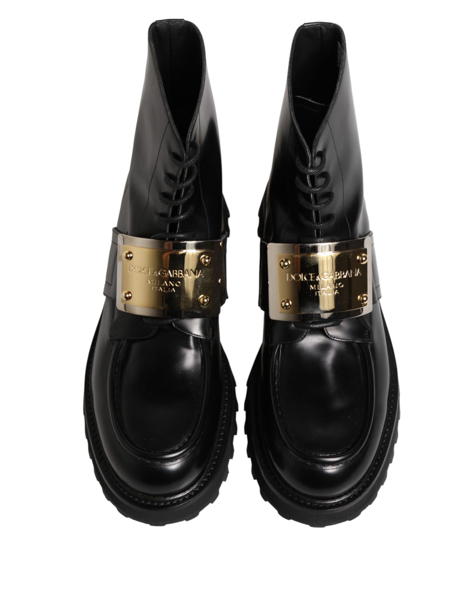 Dolce & Gabbana Black Leather DG Plaque Lace Up Boots Shoes
