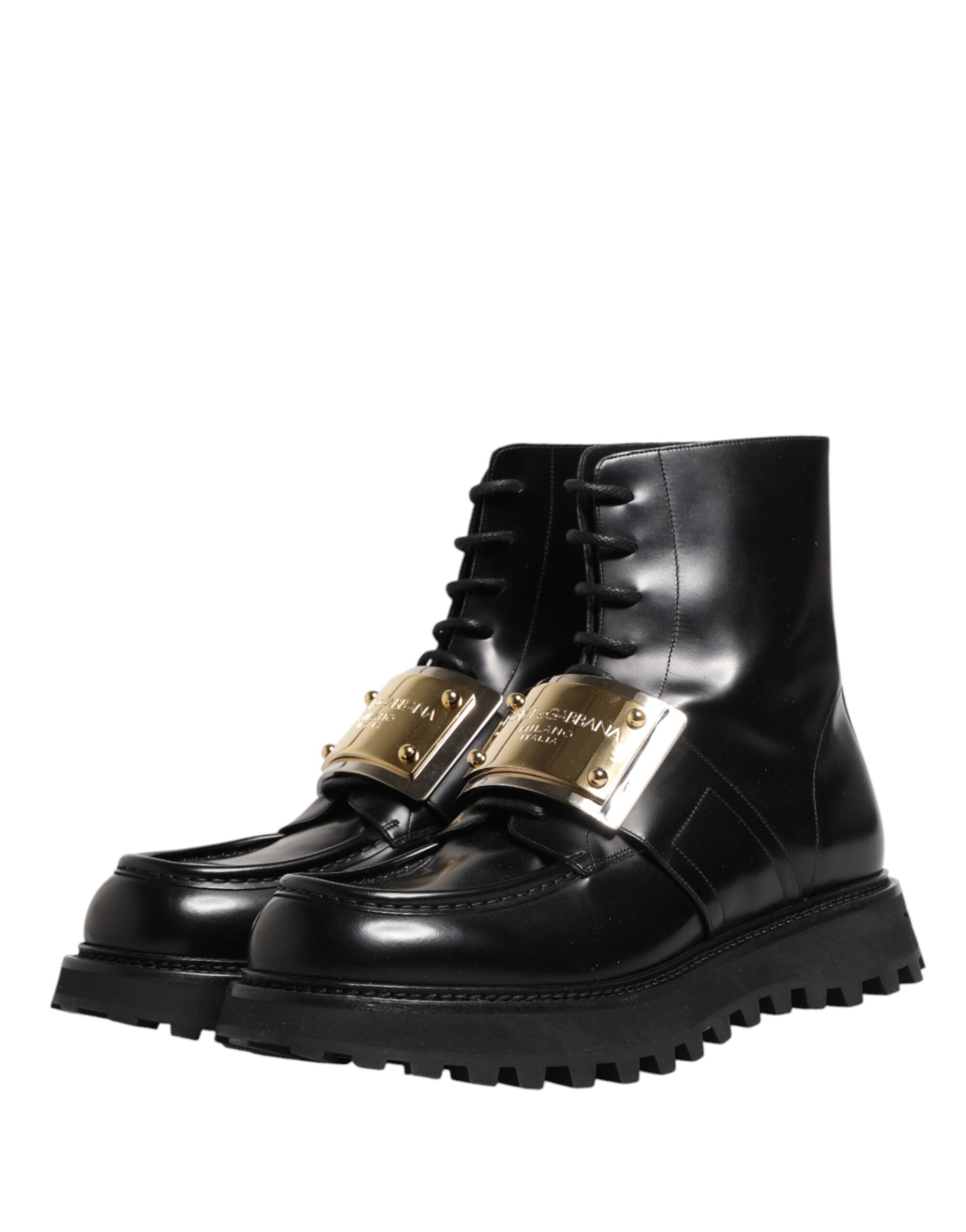 Dolce & Gabbana Black Leather DG Plaque Lace Up Boots Shoes