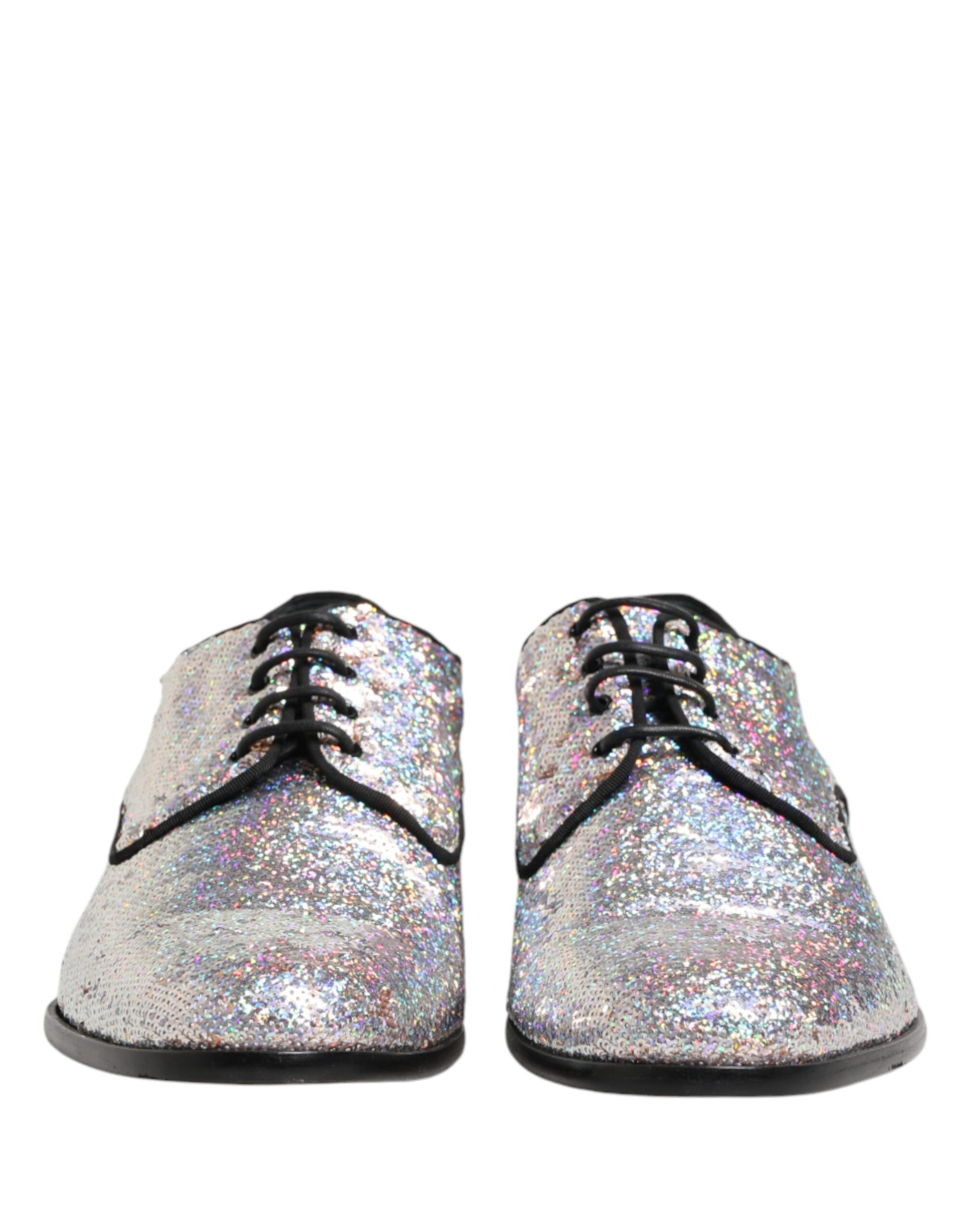 Dolce & Gabbana Silver Sequined Lace Up Men Derby Dress Shoes