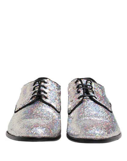 Dolce & Gabbana Silver Sequined Lace Up Men Derby Dress Shoes