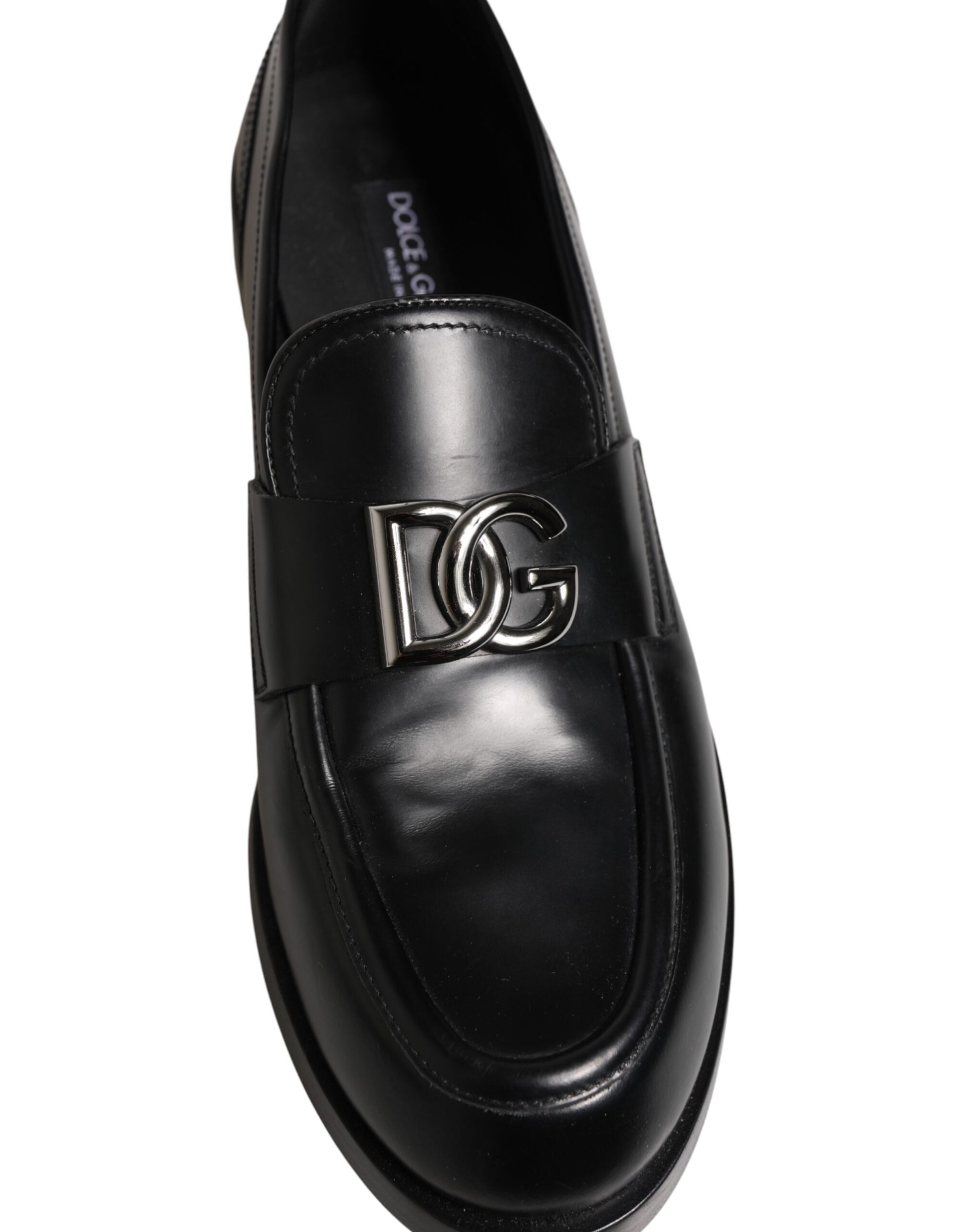 Dolce & Gabbana Black Leather DG Plaque Loafers Dress Shoes