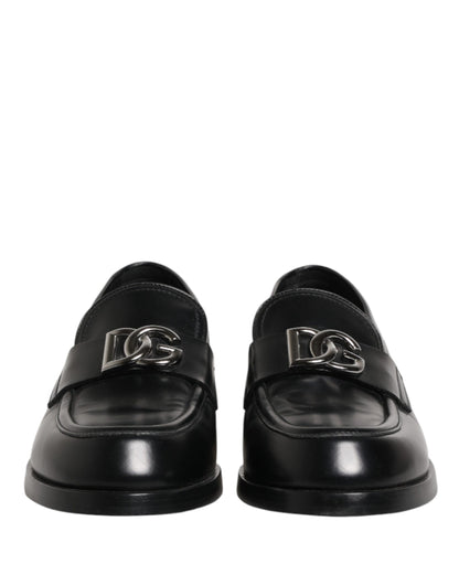 Dolce & Gabbana Black Leather DG Plaque Loafers Dress Shoes