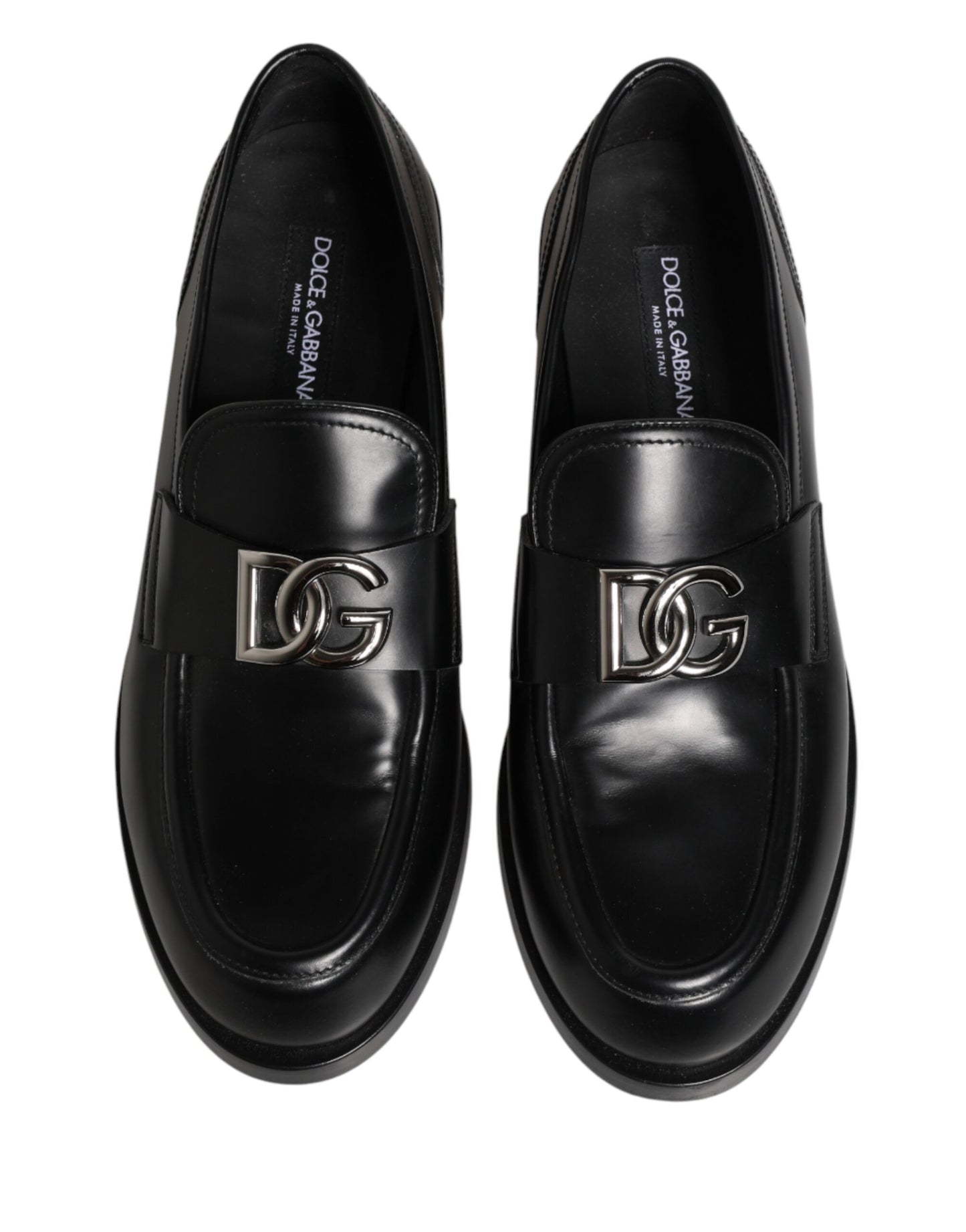 Dolce & Gabbana Black Leather DG Plaque Loafers Dress Shoes