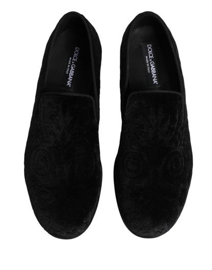 Dolce & Gabbana Black Velvet Slip On Loafers Formal Men Shoes