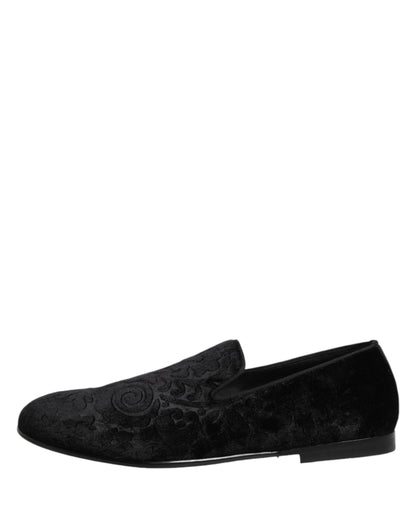 Dolce & Gabbana Black Velvet Slip On Loafers Formal Men Shoes