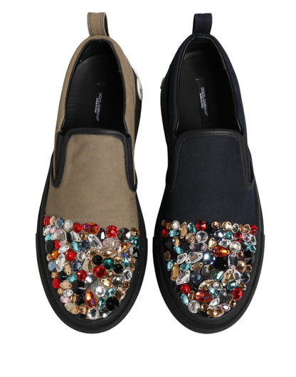 Dolce & Gabbana Blue Canvas Embellished Slip On Men Sneakers Shoes