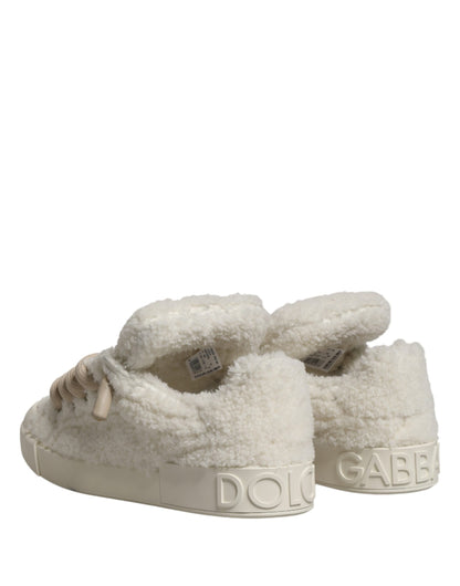Dolce & Gabbana White Faux Shearling Low Top Sneakers  Shoes
