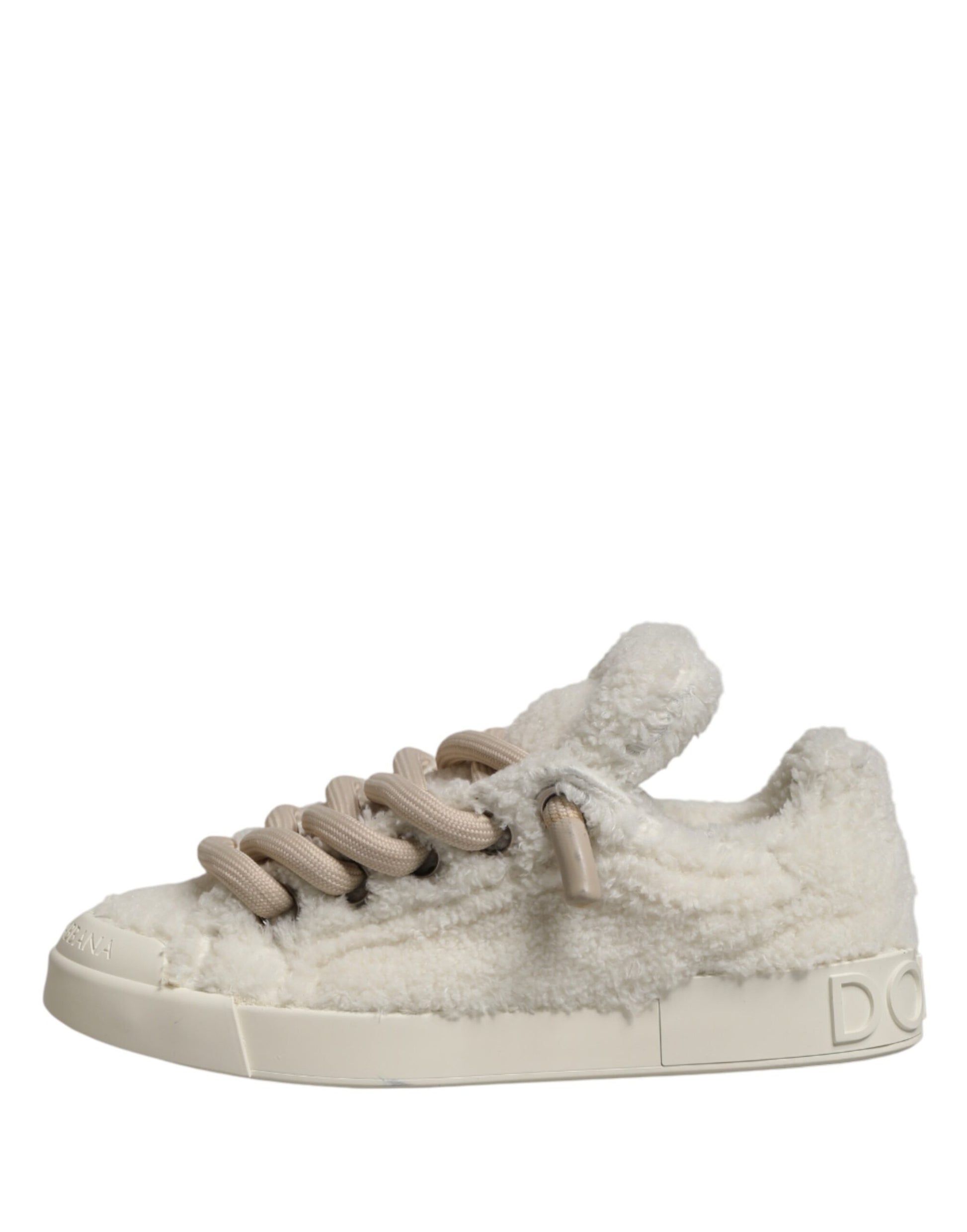 Dolce & Gabbana White Faux Shearling Low Top Sneakers  Shoes