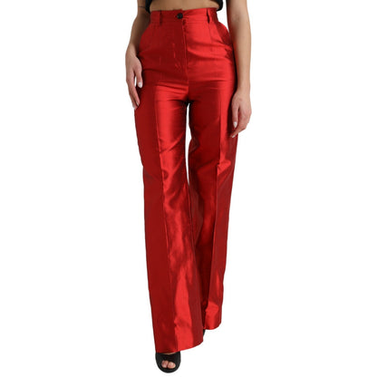 Dolce & Gabbana Red Satin Silk High Waist Wide Leg Pants