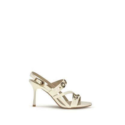 PINKO Beige Calf Leather Bos Taurus Stiletto Heel Sandals