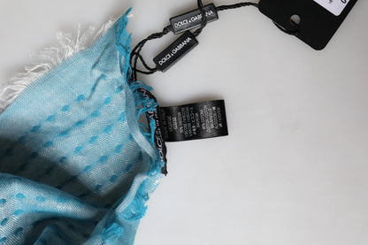 Dolce & Gabbana Light Blue Silk Blend Fringed Logo 185cm x 73.5cm Scarf