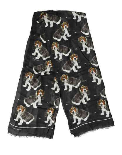 Dolce & Gabbana Black Modal Wool Dog Print Fringed 178cm x 64cm Scarf