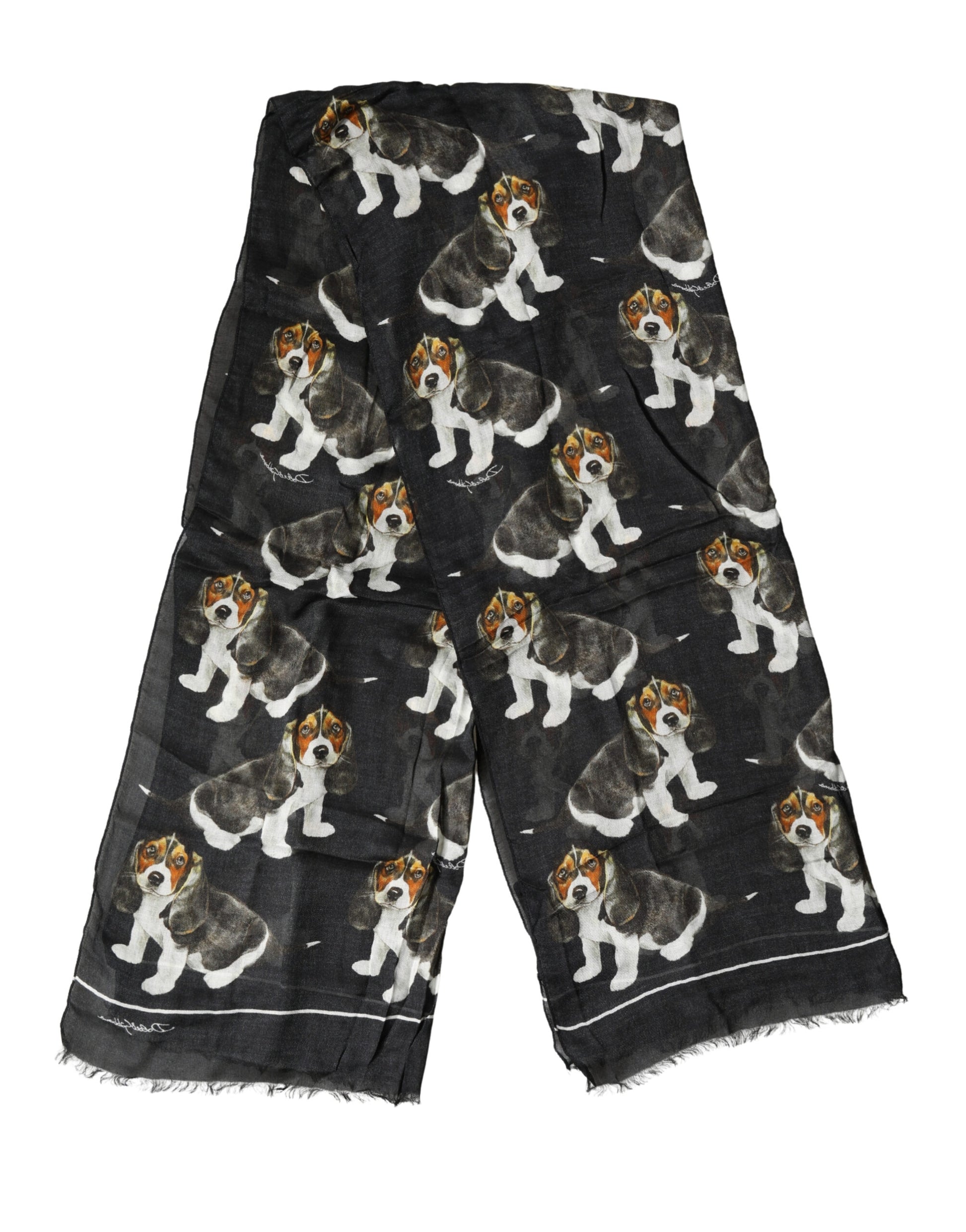 Dolce & Gabbana Black Modal Wool Dog Print Fringed 178cm x 64cm Scarf