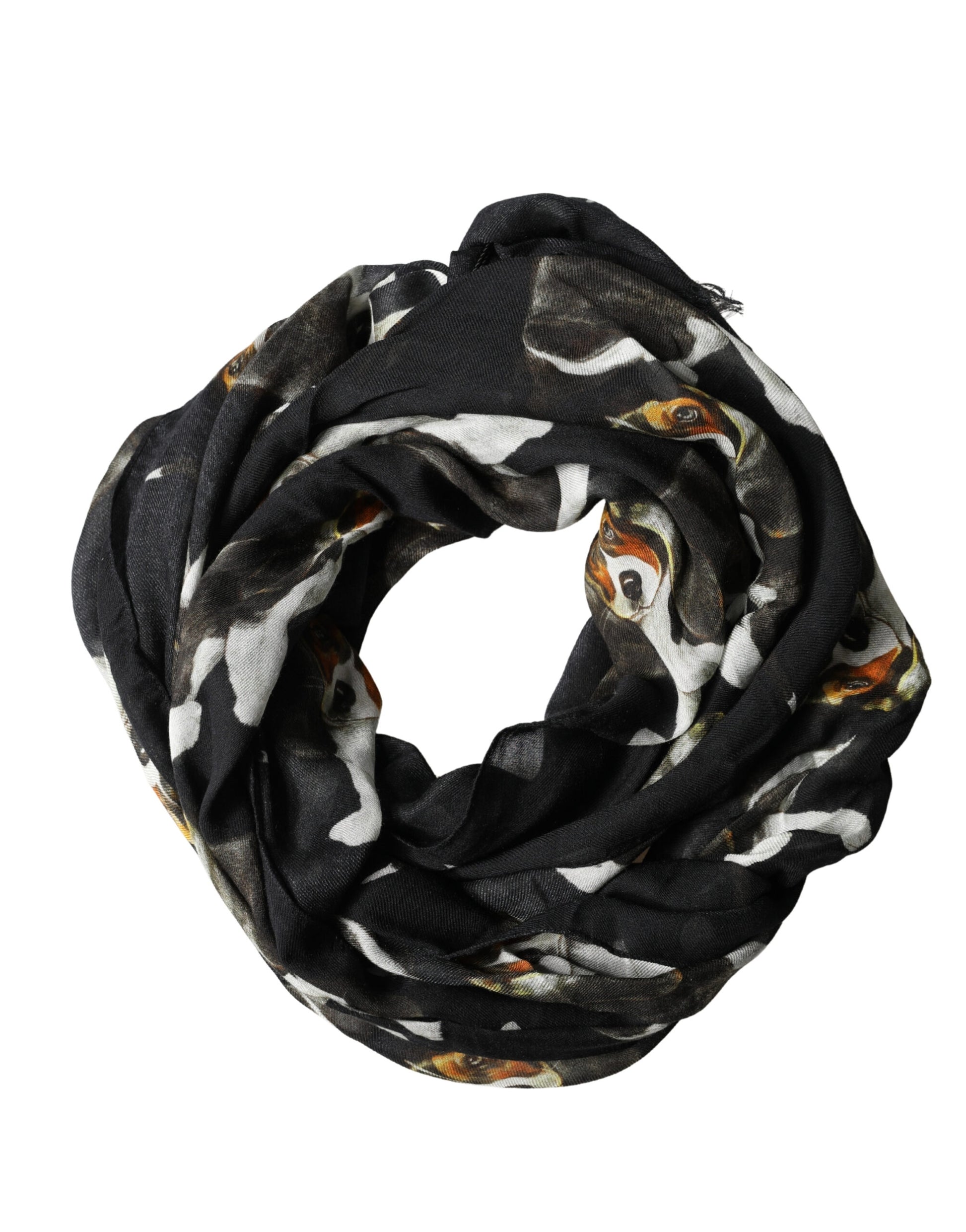 Dolce & Gabbana Black Modal Wool Dog Print Fringed 178cm x 64cm Scarf