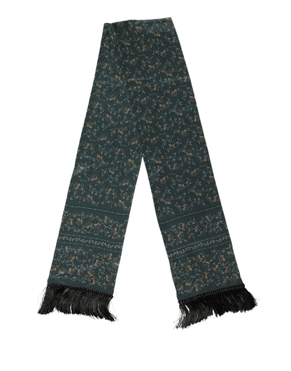 Dolce & Gabbana Green Silk Floral Pattern Fringed 135cm X 16cm  Scarf