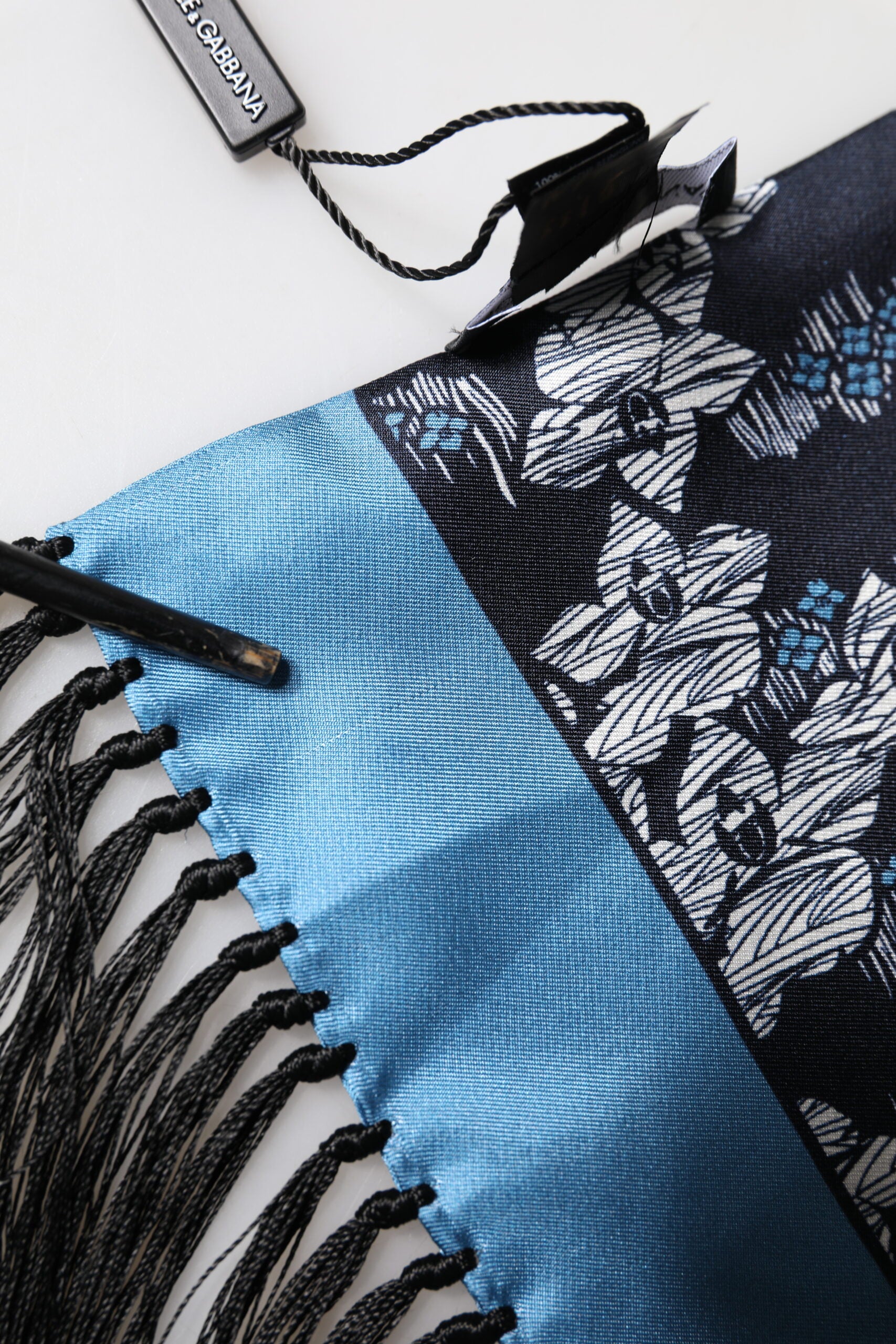Dolce & Gabbana Black Blue Silk Floral Pattern Fringe 140cm x 16cm  Scarf