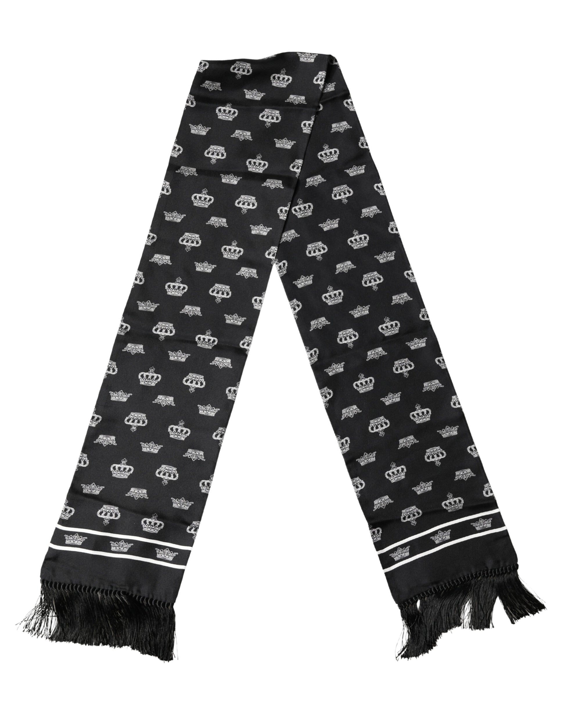 Dolce & Gabbana Black Silk Crown Fringes Neck Wrap Shawl 136cm X 15cm Scarf