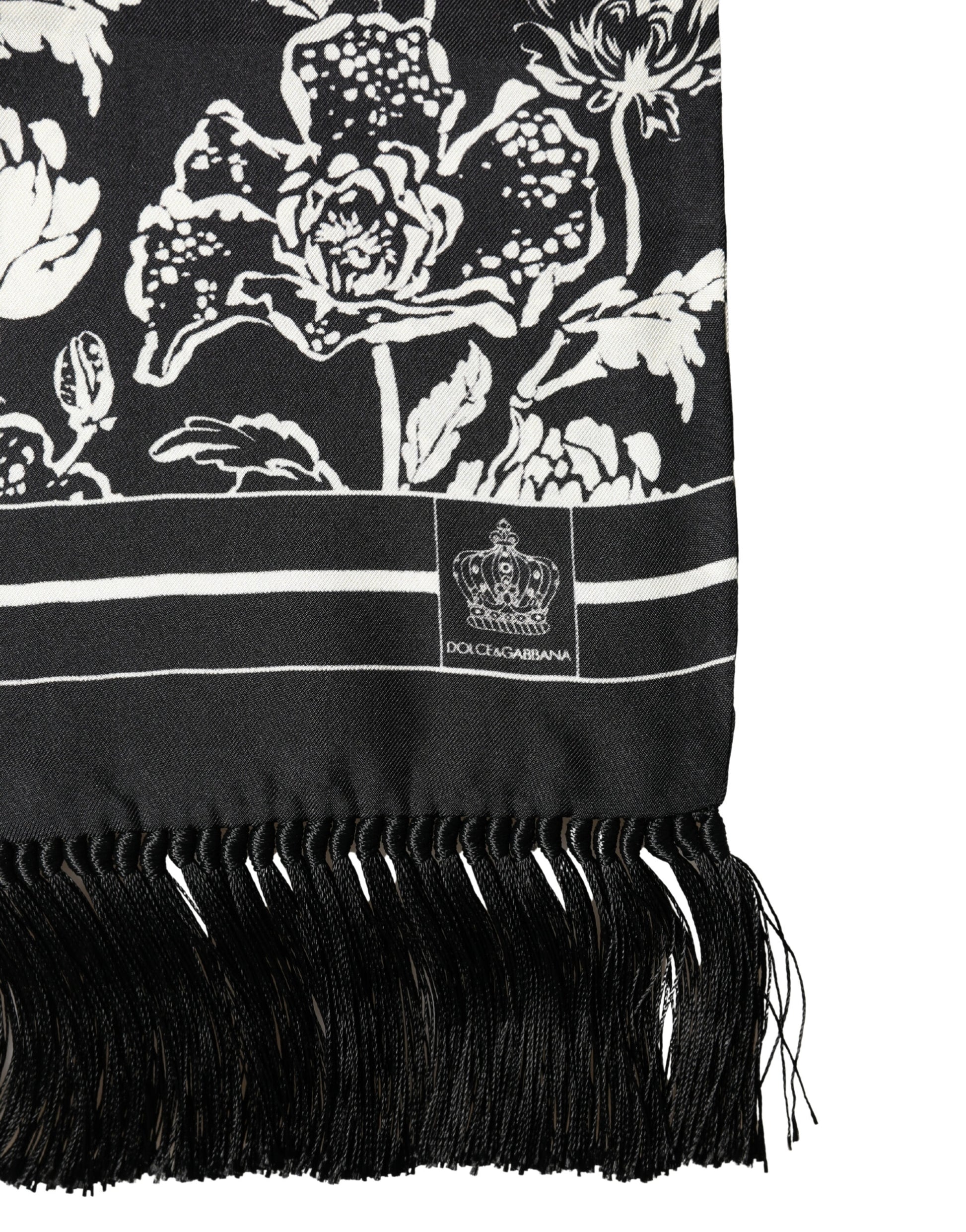 Dolce & Gabbana Black White Silk Floral Print Fringe 136cm X 15.5cm  Scarf