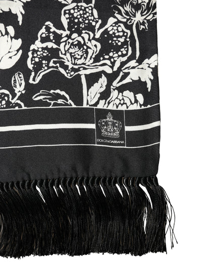 Dolce & Gabbana Black White Silk Floral Print Fringe 136cm X 15.5cm  Scarf