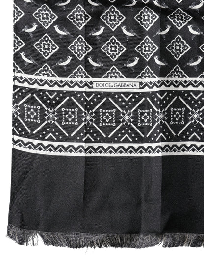 Dolce & Gabbana Black Gray Silk Bird Fringe Wrap Foulard 140cm X 23cm Scarf