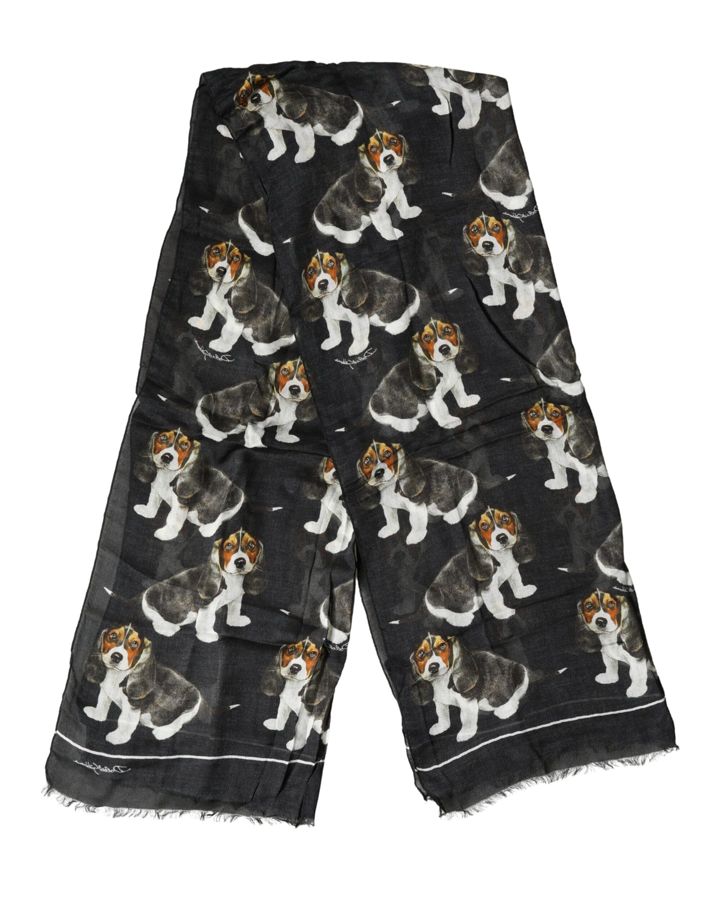 Dolce & Gabbana Black Dog Print Modal Wool Wrap Foulard 178cm X 63cm Scarf