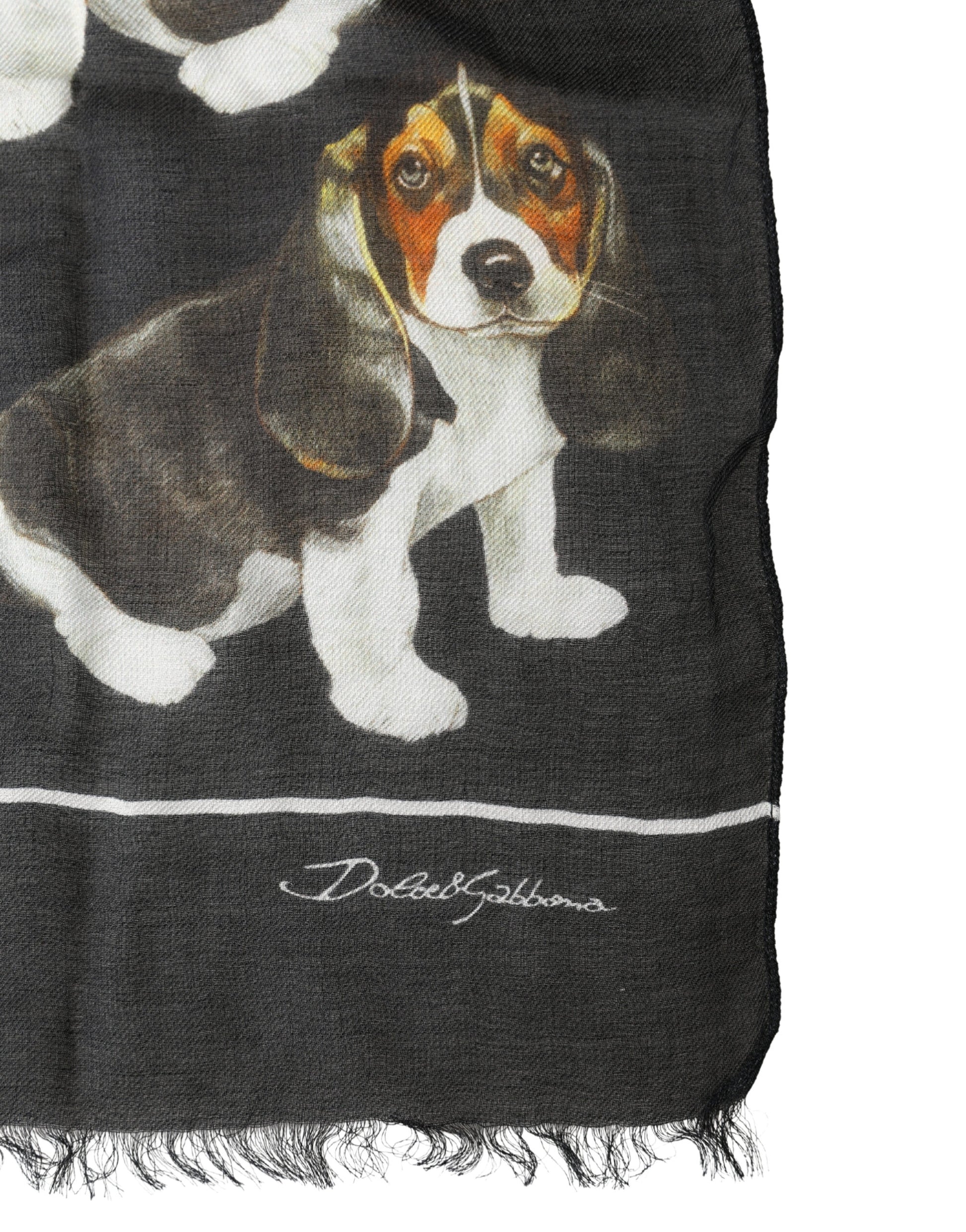Dolce & Gabbana Black Dog Print Modal Wool Wrap Foulard 178cm X 63cm Scarf