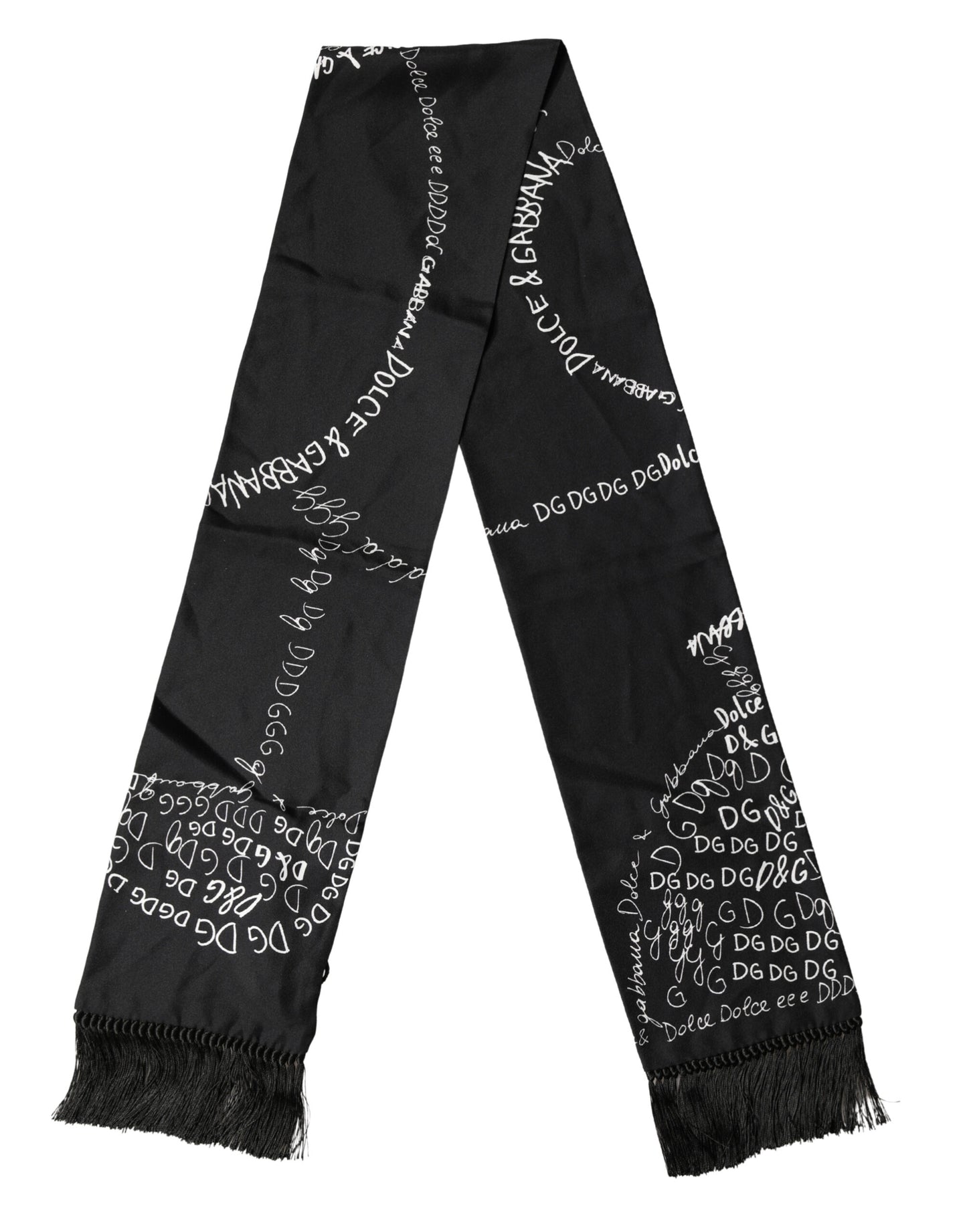 Dolce & Gabbana Black Logo Script Print Sik Foulard 137.5cm X 15cm Scarf