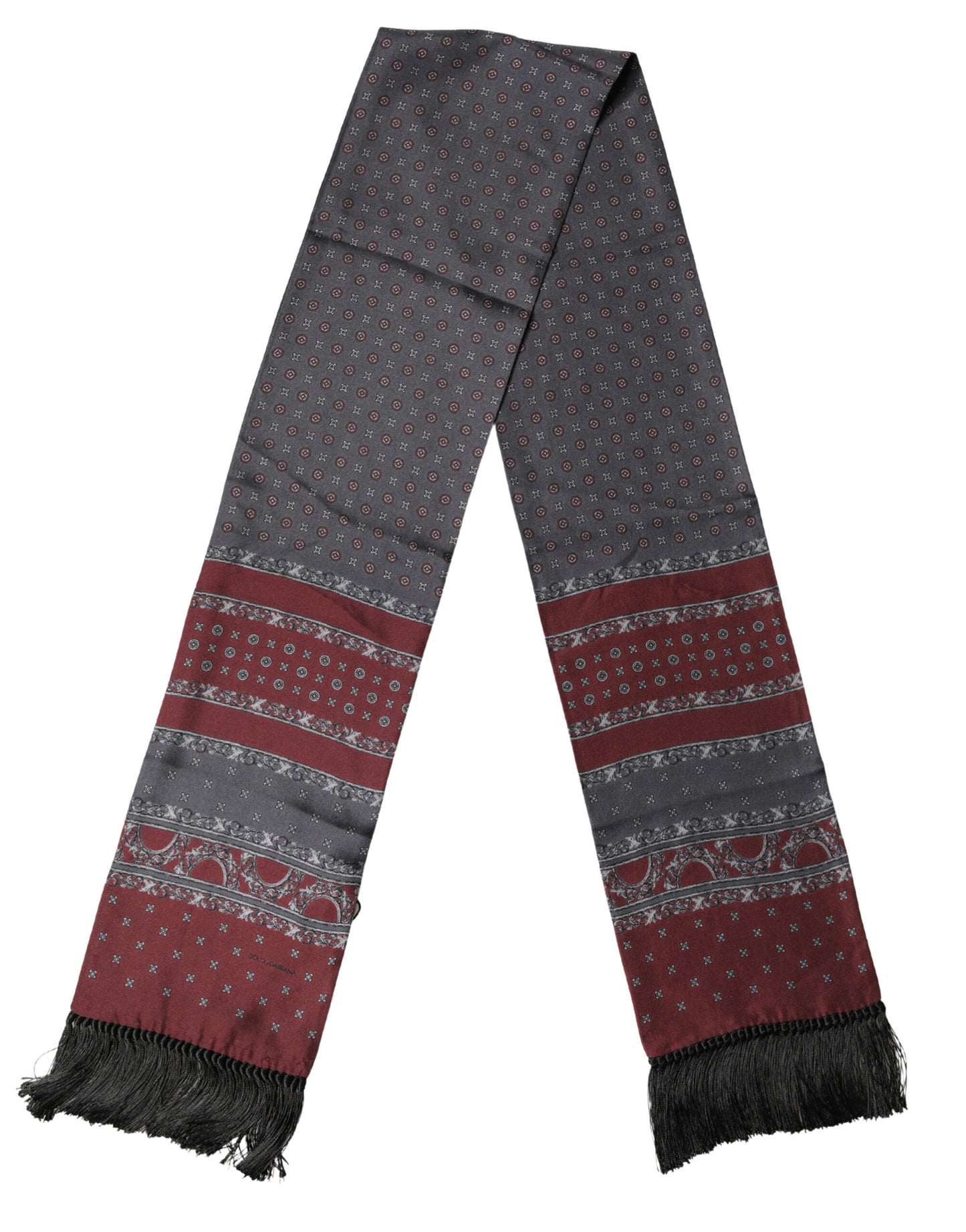 Dolce & Gabbana Burgundy Gray Patterned Fringe Foulard 141cm X 15.5cm  Scarf