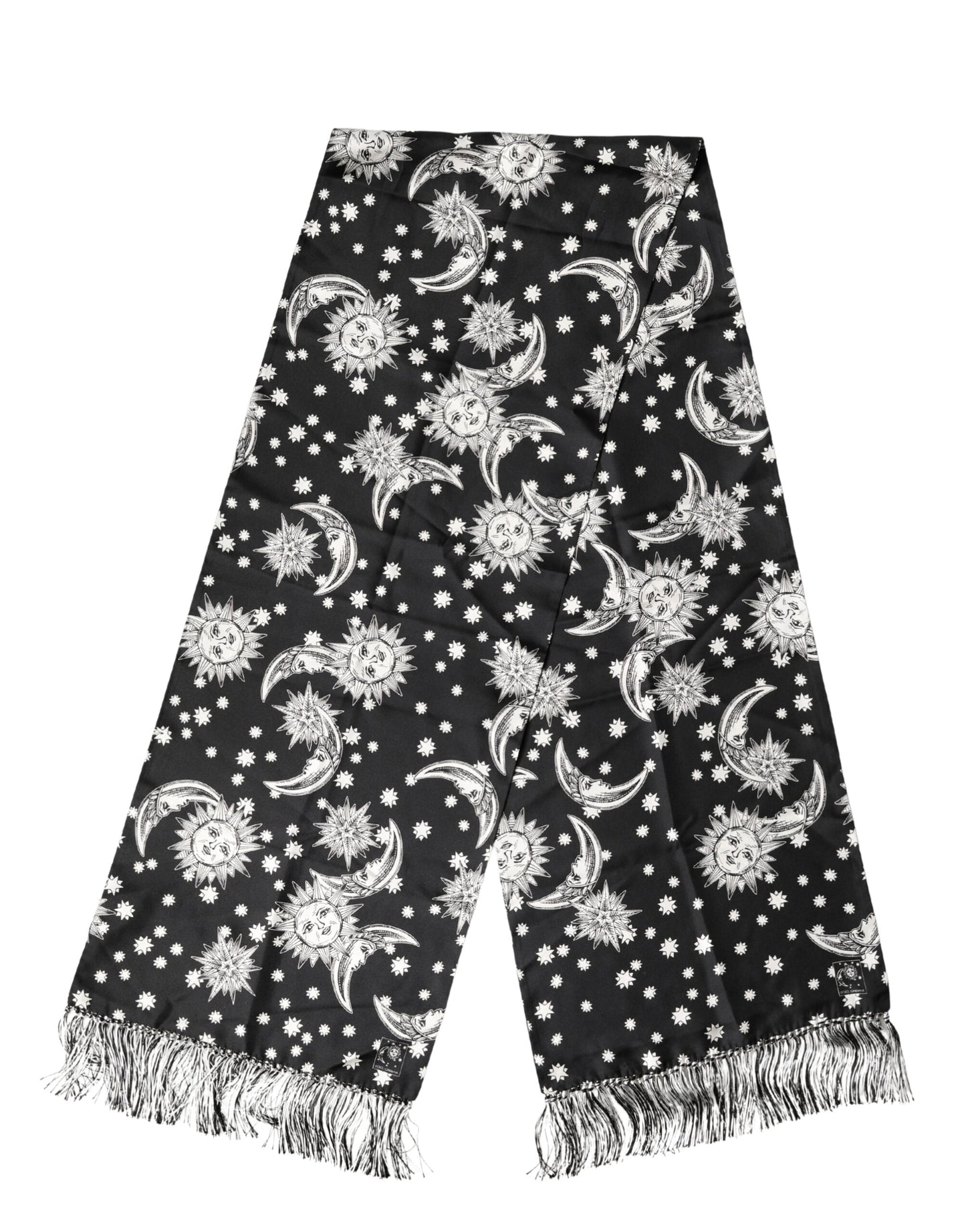 Dolce & Gabbana Black Silk Sun Moon Star Fringe Foulard 178cm X 33cm Scarf