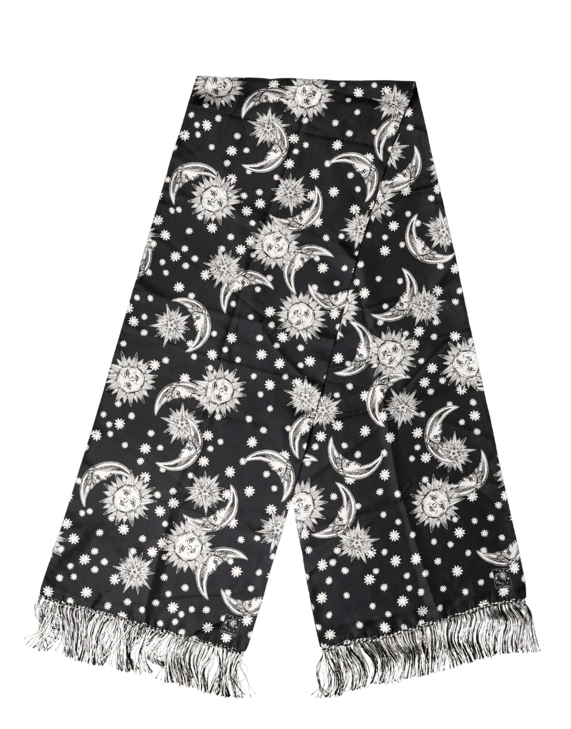Dolce & Gabbana Black Silk Sun Moon Star Fringe Foulard 178cm X 33cm Scarf