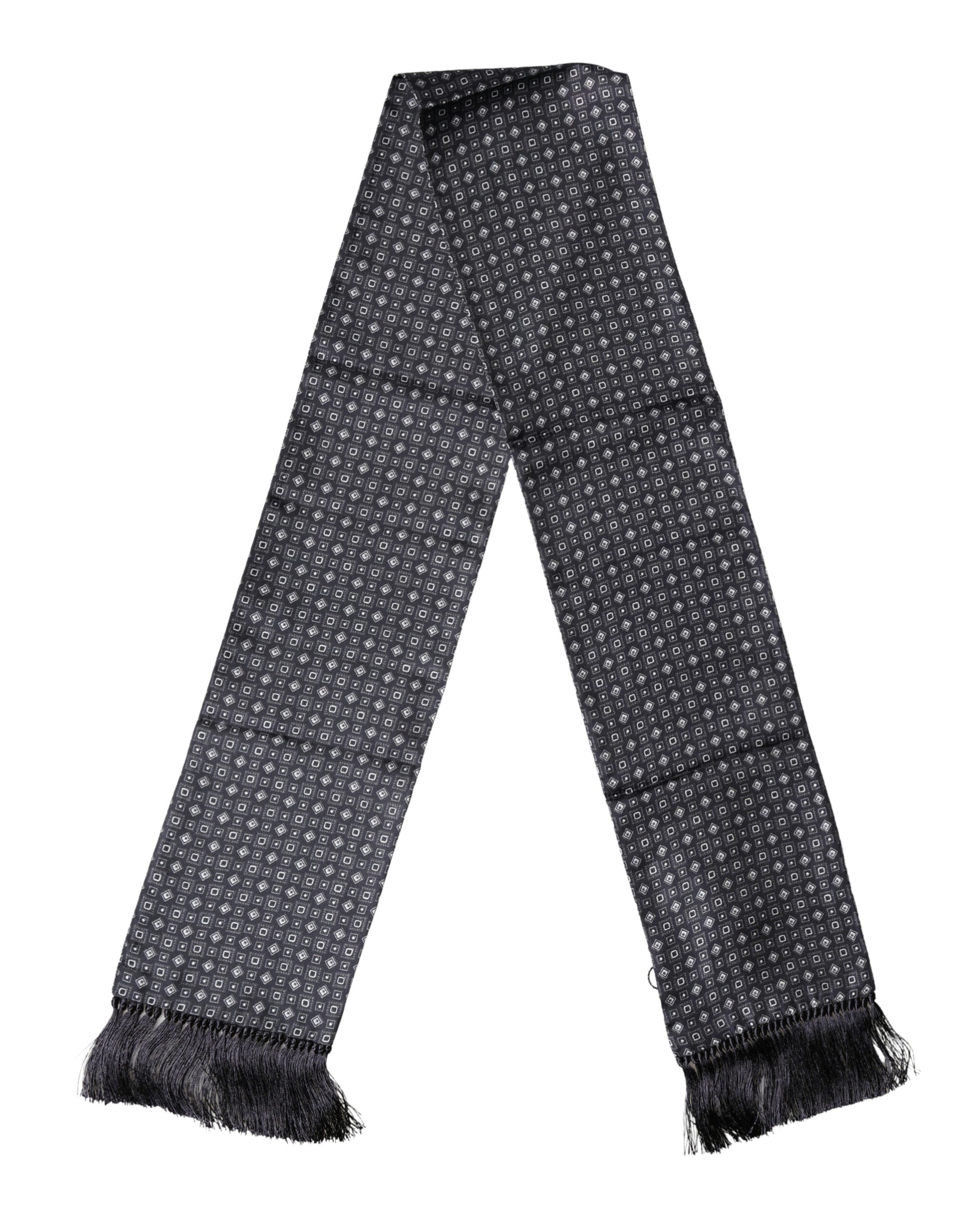 Dolce & Gabbana Black Silk Geometric Fringe Wrap Foulard 136cm X 15cm  Scarf