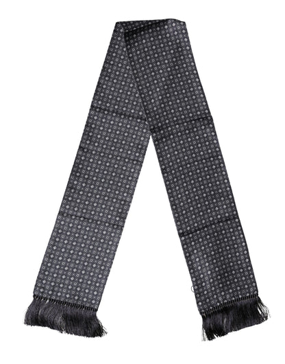 Dolce & Gabbana Black Silk Geometric Fringe Wrap Foulard 136cm X 15cm  Scarf