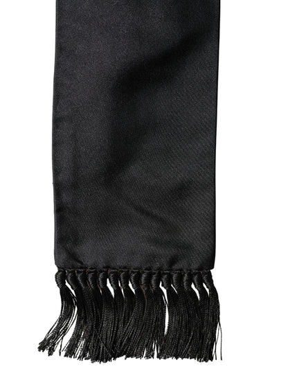 Dolce & Gabbana Black Silk Fringe Neck Wrap Foulard 160.5cm x 8cm  Scarf