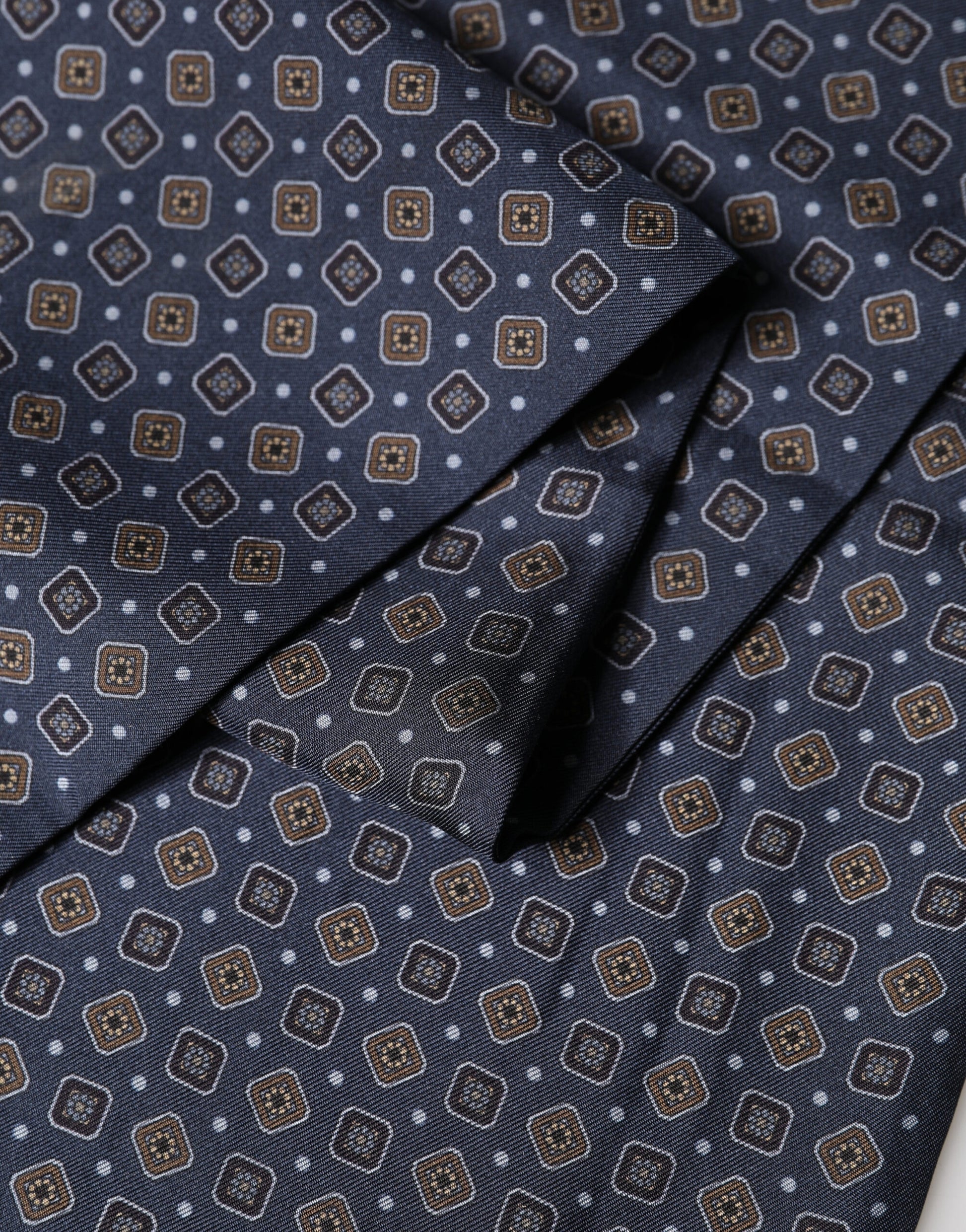 Dolce & Gabbana Navy Silk Geometric Fringe Foulard 137cm x 18cm Scarf