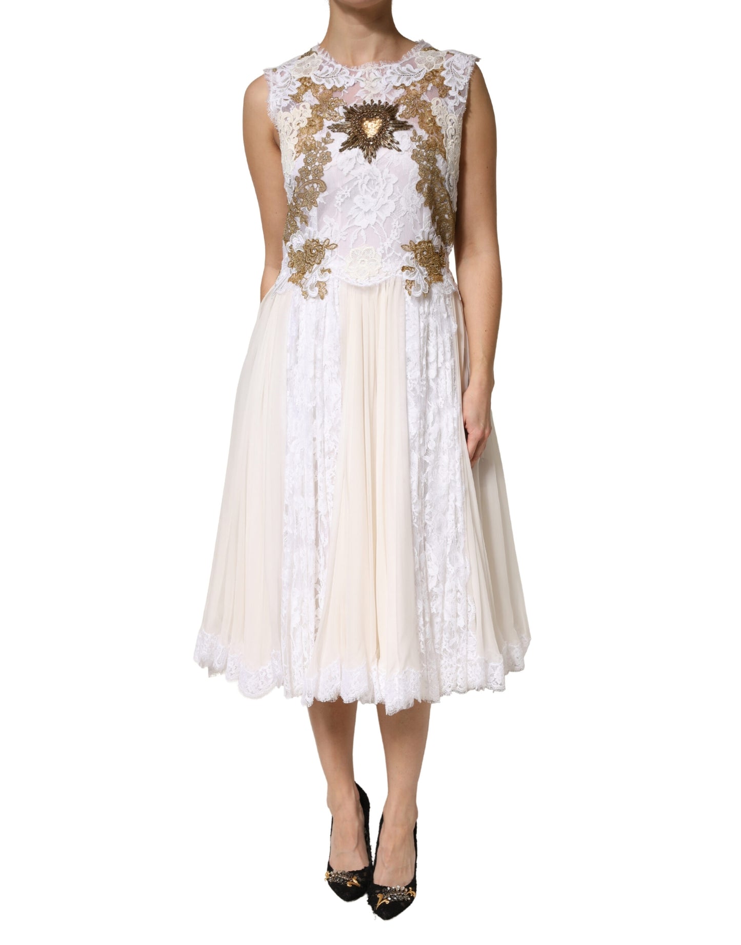 Dolce & Gabbana Ivory Lace Silk Embellished Sleeveless  Dress