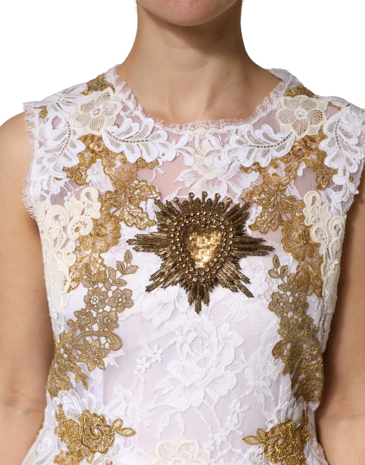 Dolce & Gabbana Ivory Lace Silk Embellished Sleeveless  Dress