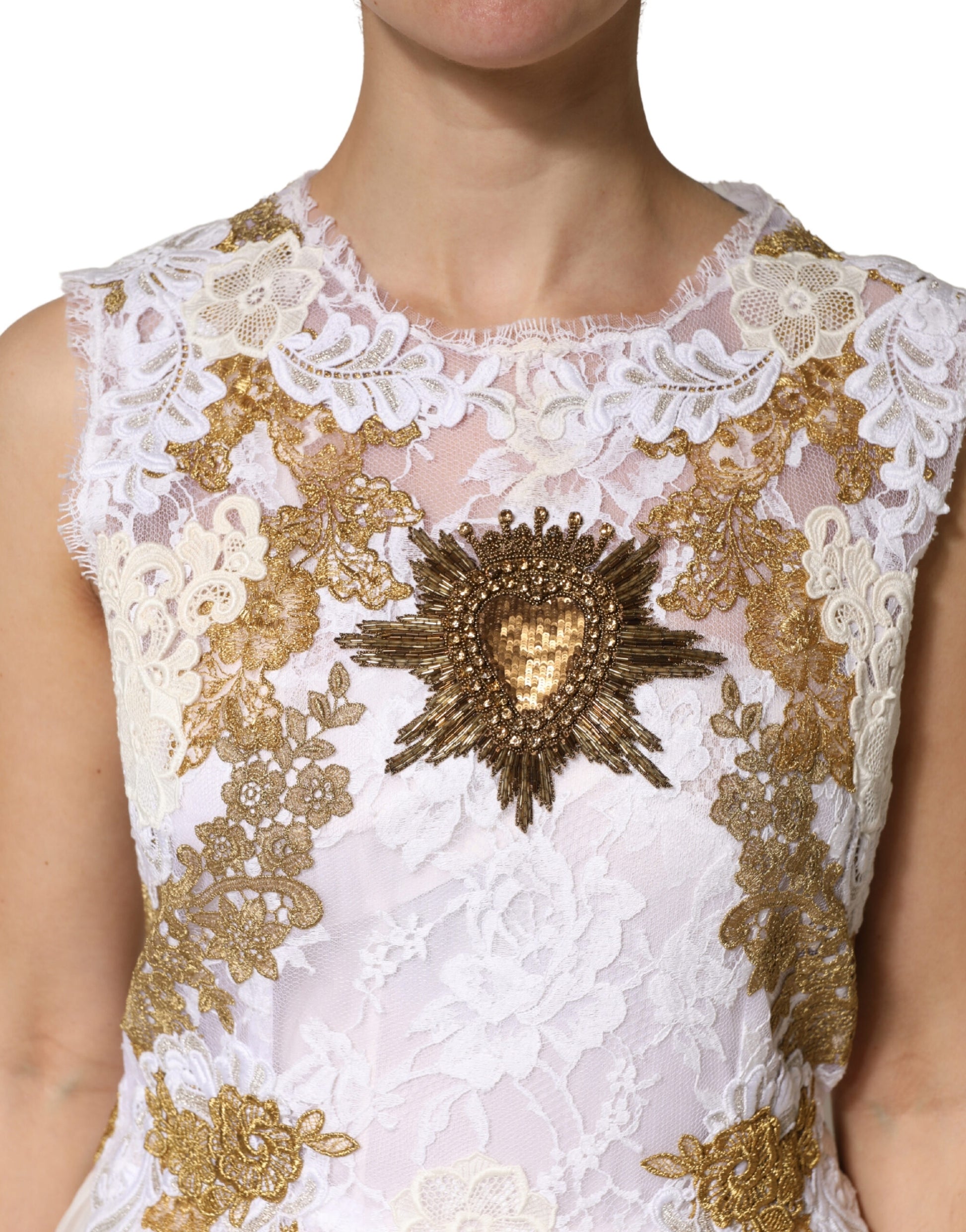 Dolce & Gabbana Ivory Lace Silk Embellished Sleeveless  Dress