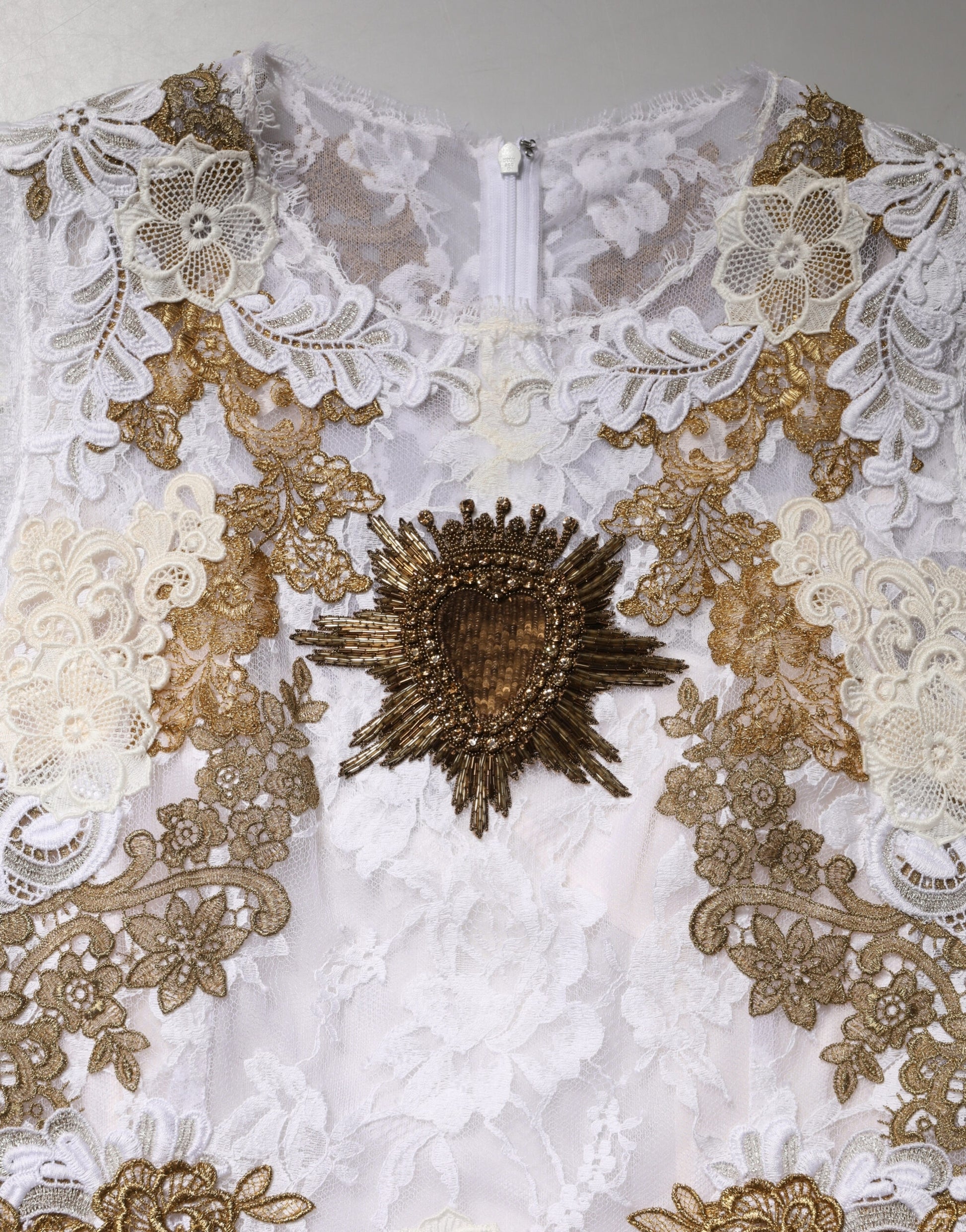 Dolce & Gabbana Ivory Lace Silk Embellished Sleeveless  Dress