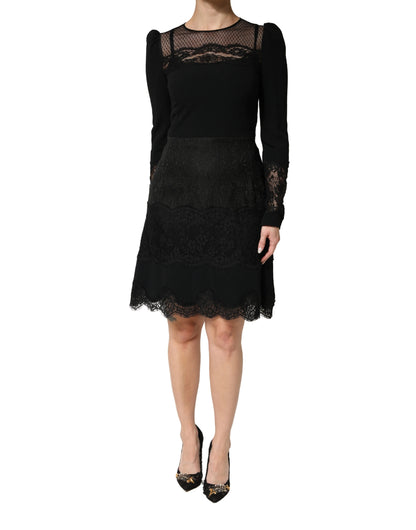 Dolce & Gabbana Black Lace Sheer Panel Midi Long Sleeve  Dress
