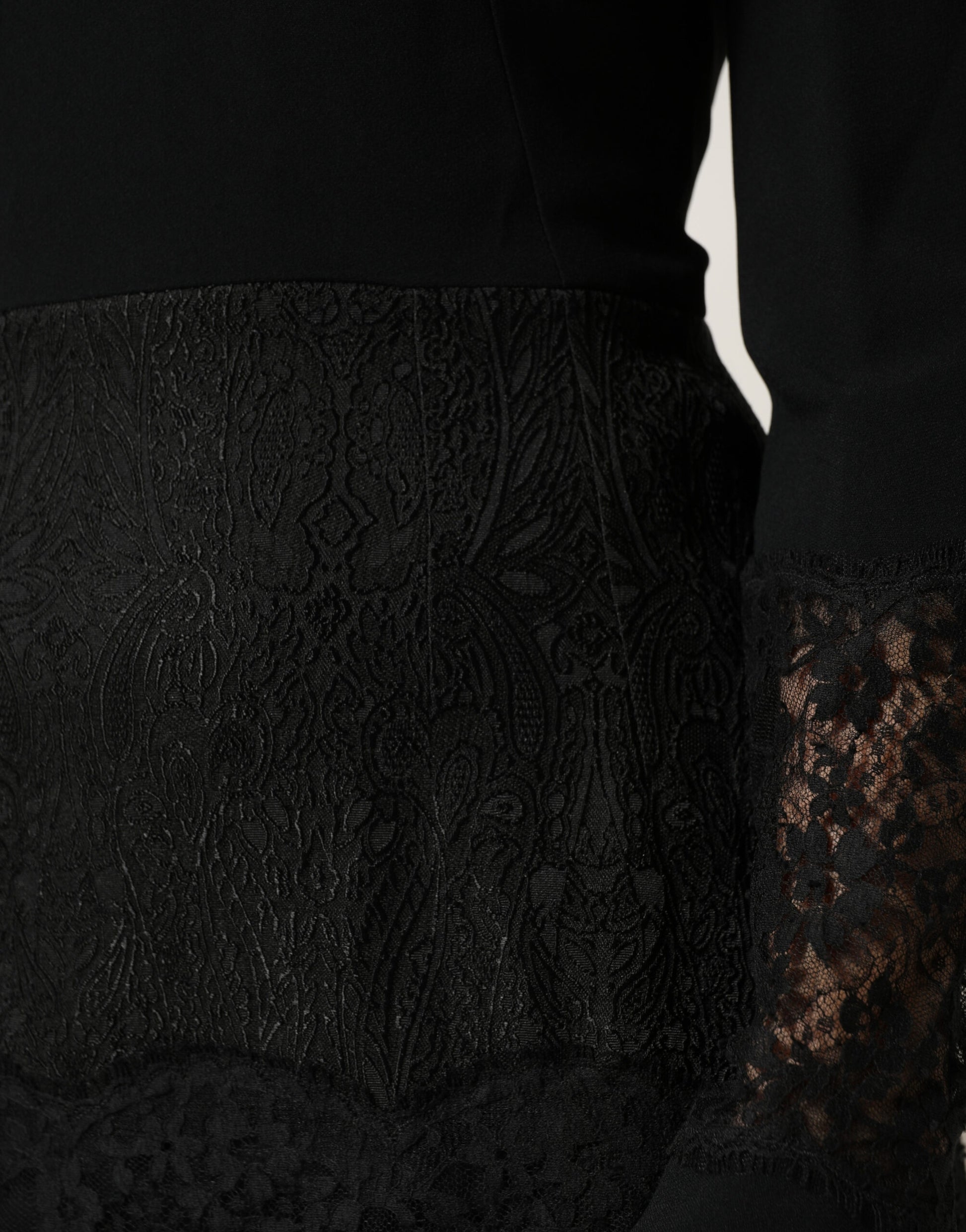 Dolce & Gabbana Black Lace Sheer Panel Midi Long Sleeve  Dress