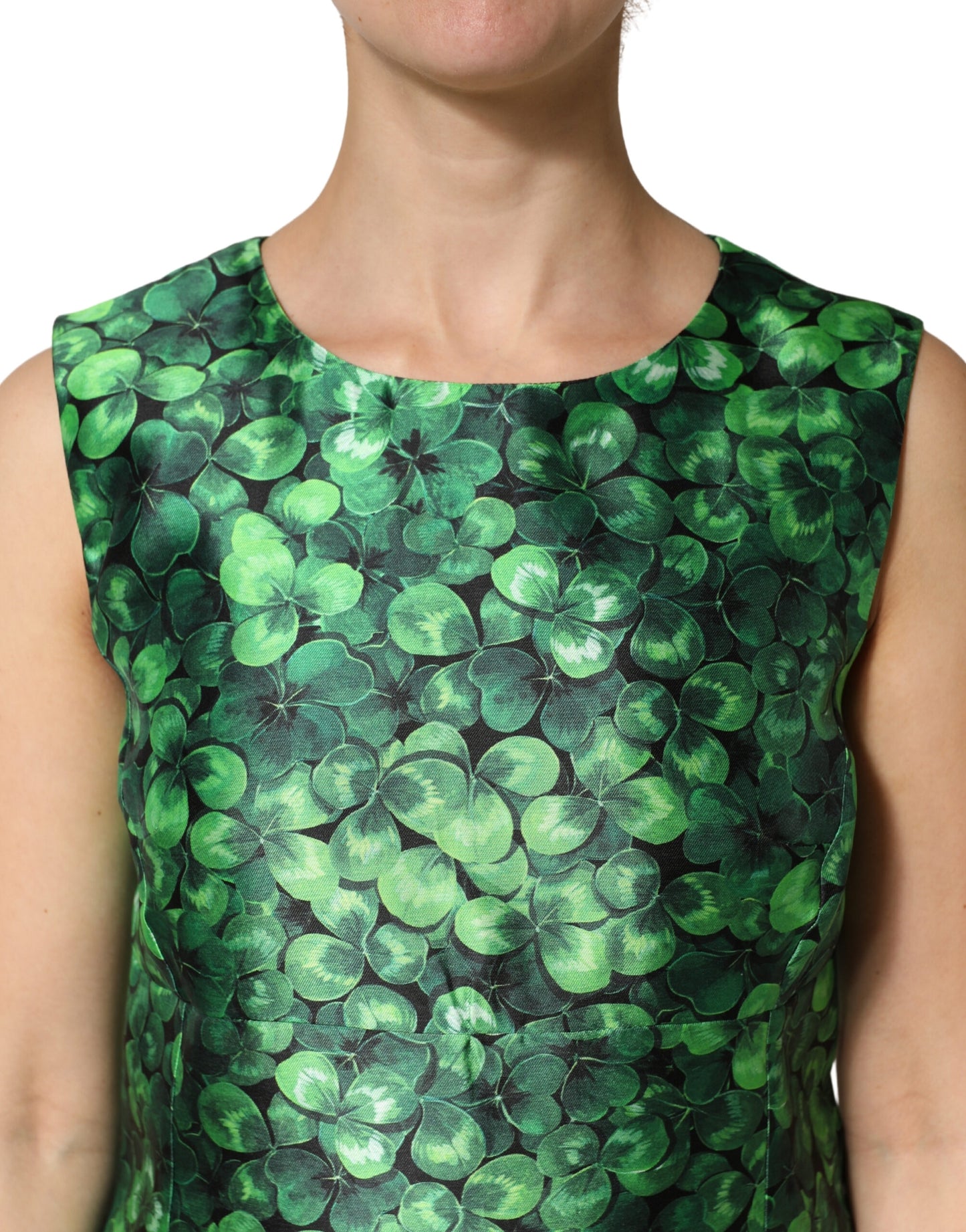 Dolce & Gabbana Green Clover Print Sleeveless A-Line  Dress