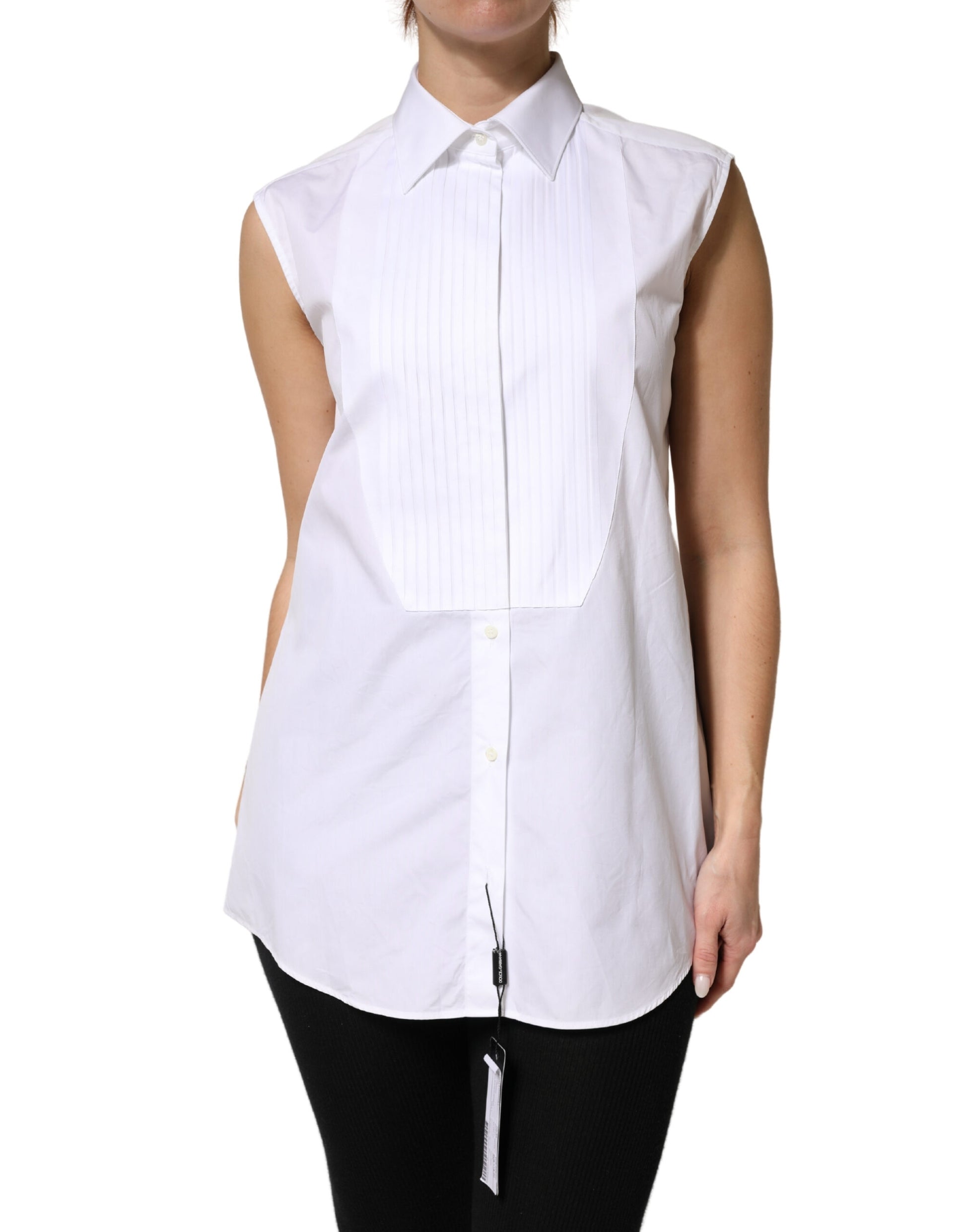 Dolce & Gabbana White Cotton Pleated Sleeveless Button Down Top