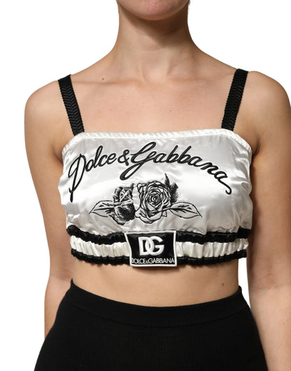 Dolce & Gabbana White Silk Satin Crop Black Logo Bralette Top