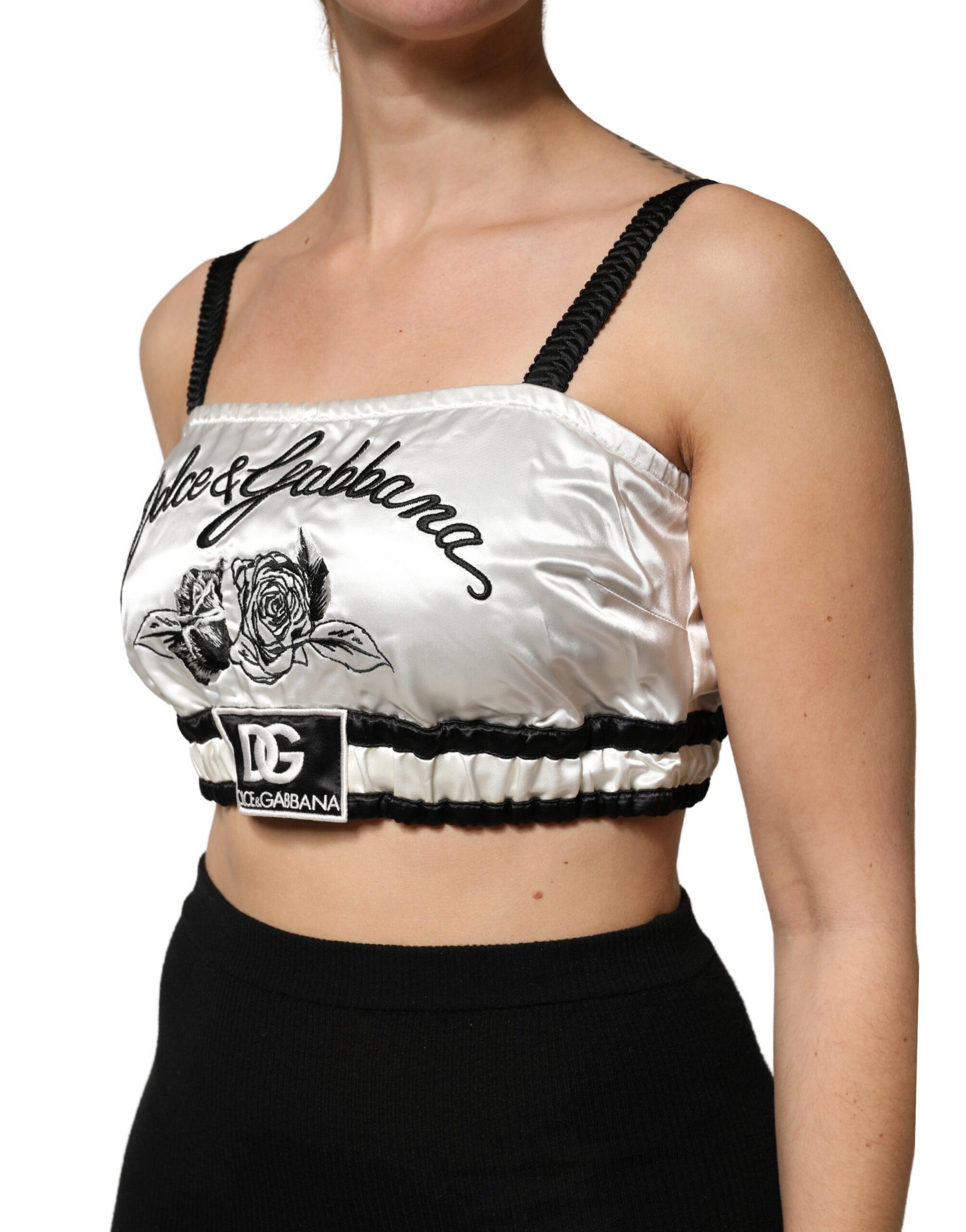 Dolce & Gabbana White Silk Satin Crop Black Logo Bralette Top