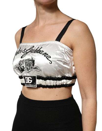 Dolce & Gabbana White Silk Satin Crop Black Logo Bralette Top