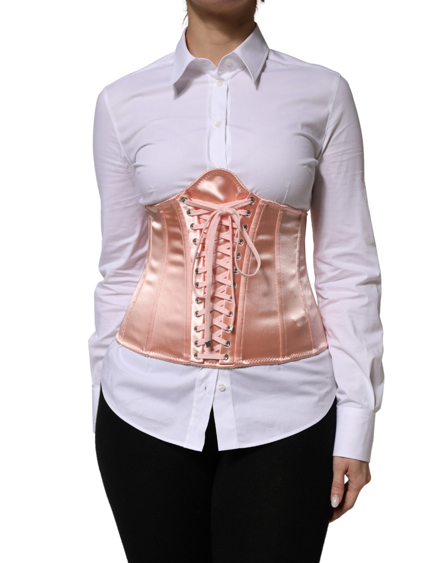 Dolce & Gabbana Pale Pink Silk LaceUp Waist Cincher Corse Top