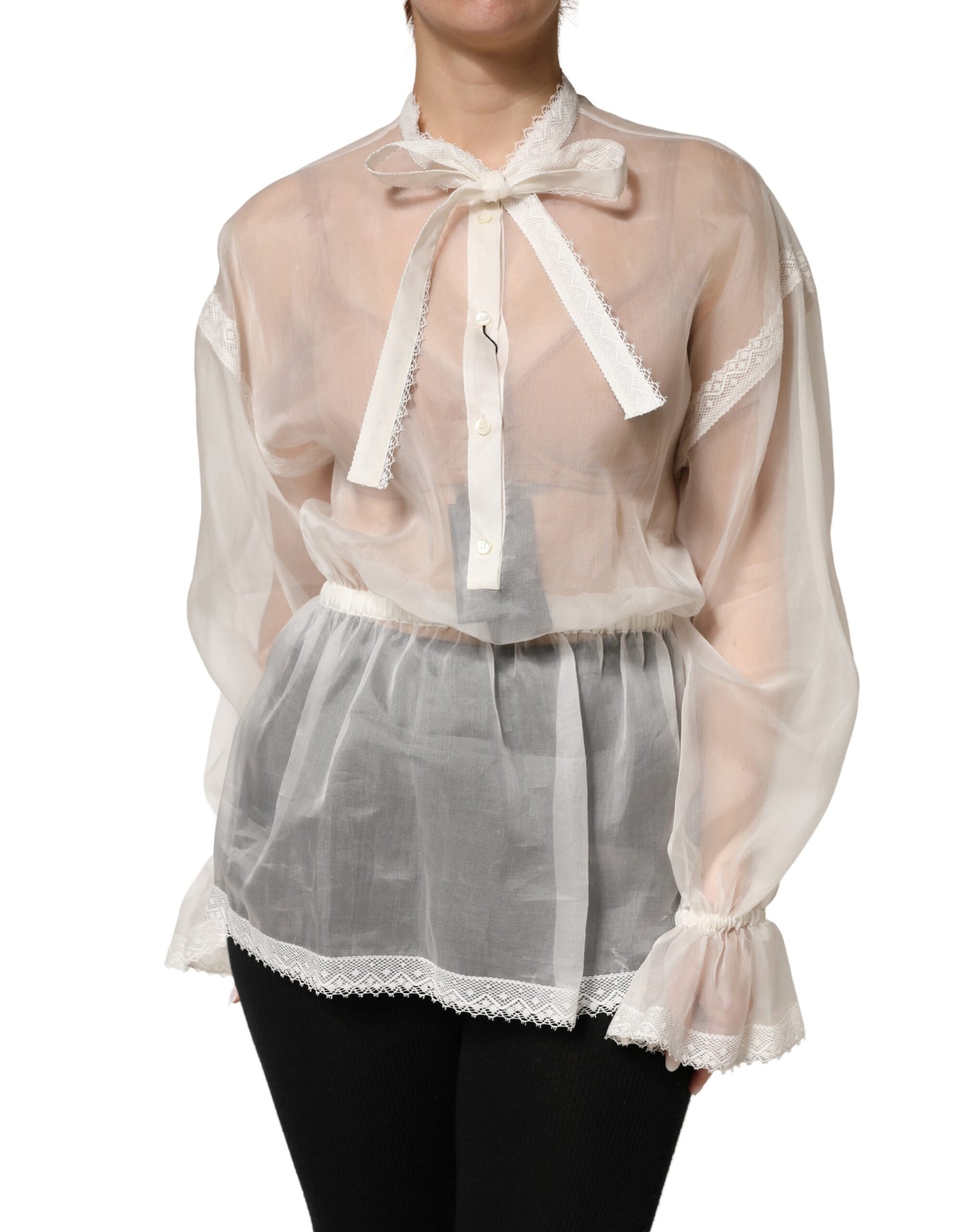 Dolce & Gabbana White Sheer Silk Blouse Lace Bow Tie Blouse Top