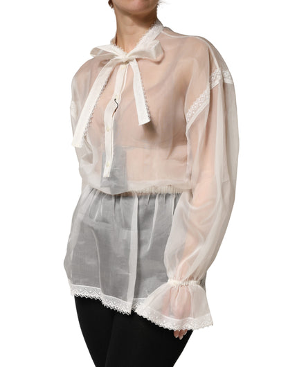 Dolce & Gabbana White Sheer Silk Blouse Lace Bow Tie Blouse Top