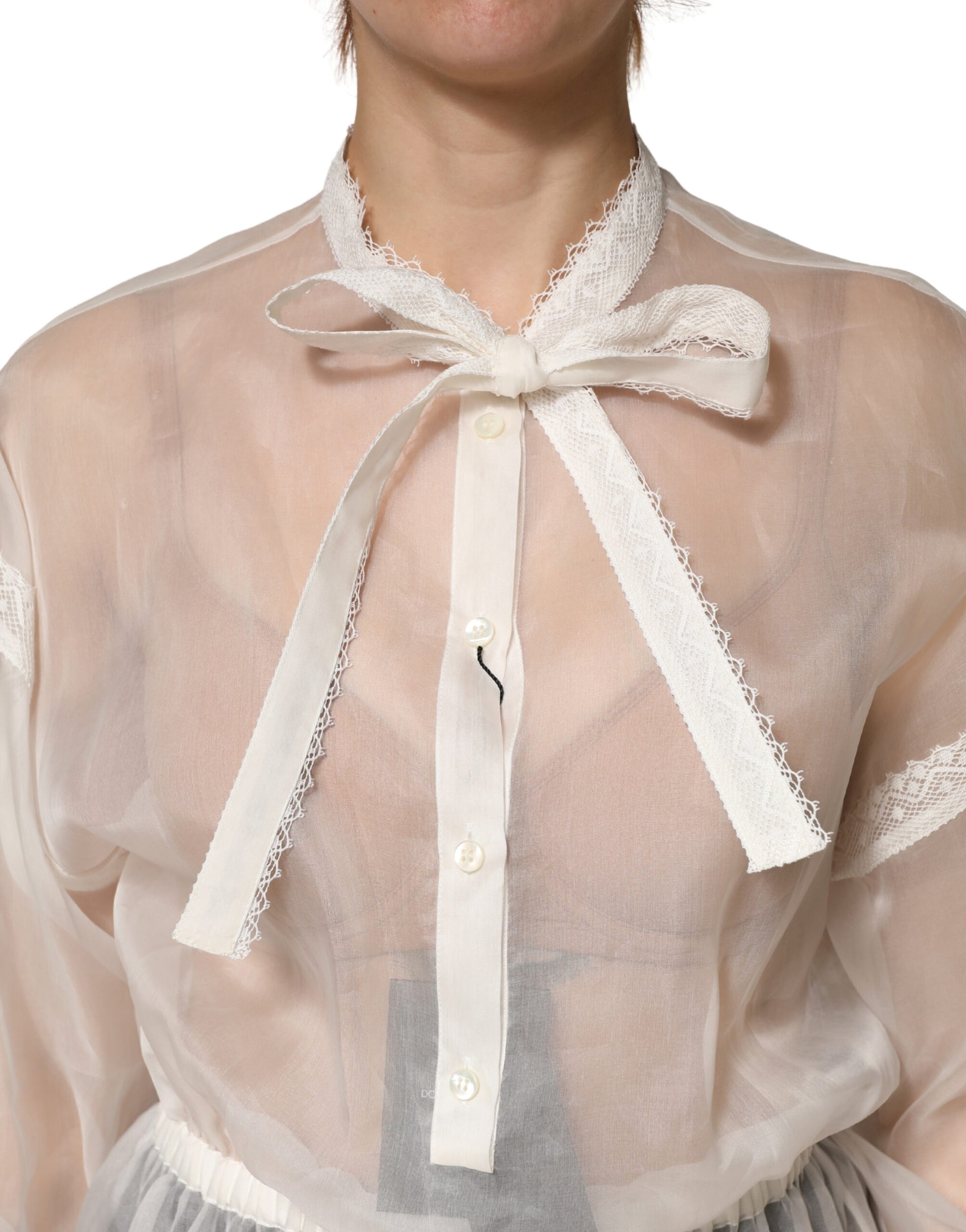 Dolce & Gabbana White Sheer Silk Blouse Lace Bow Tie Blouse Top