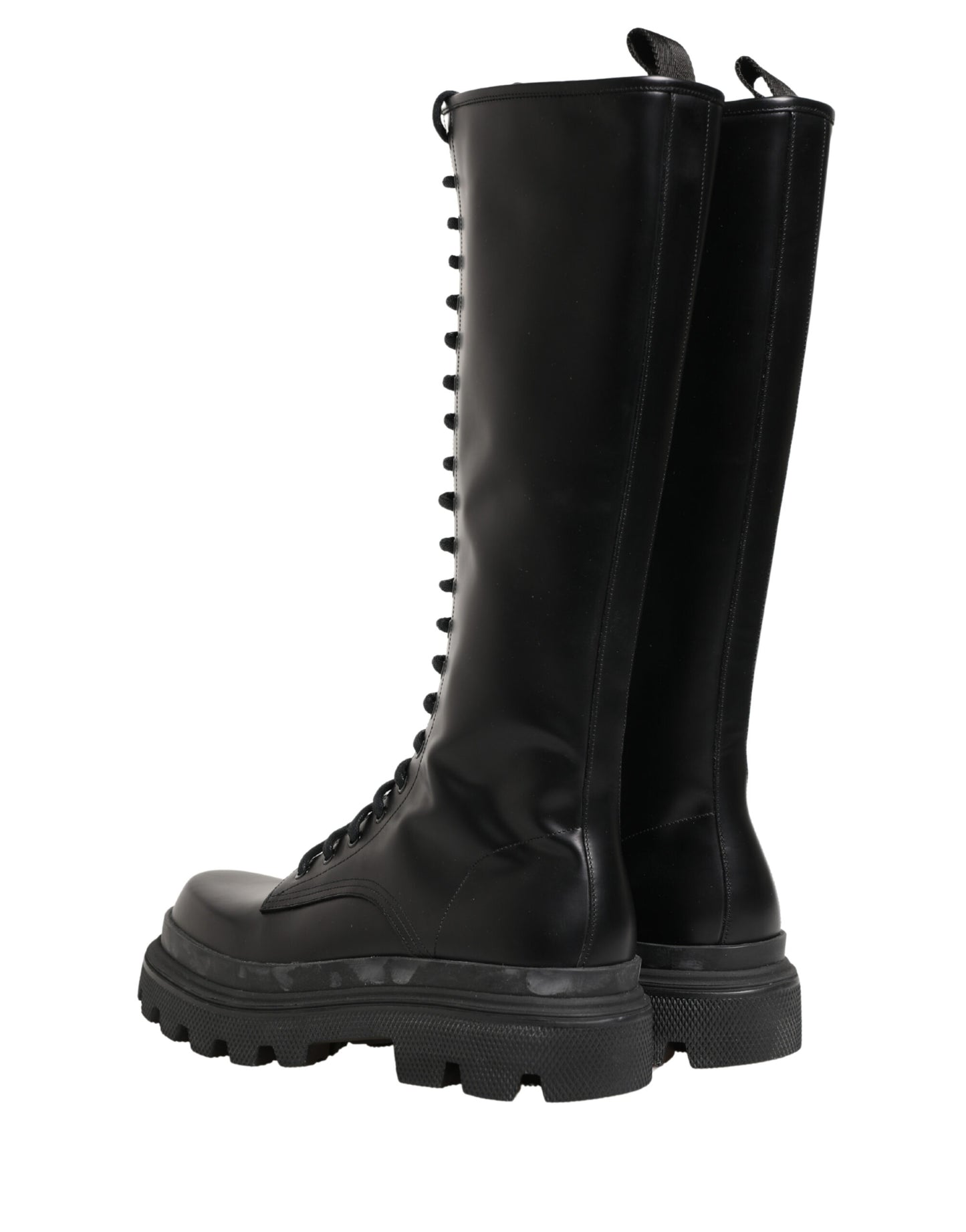 Dolce & Gabbana Black Leather Knee High Lace Up Boots Shoes